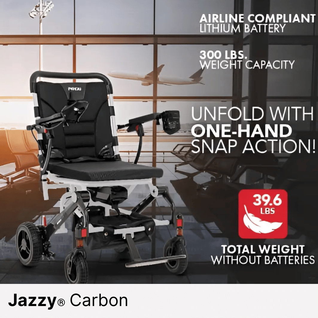 Pride Jazzy Carbon Portable Power Wheelchair, Ultralight, folding design - NextGen HME