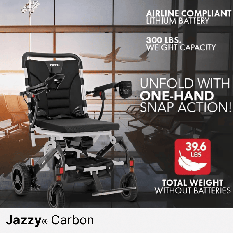 Pride Jazzy Carbon Portable Power Wheelchair, Ultralight, folding design - NextGen HME