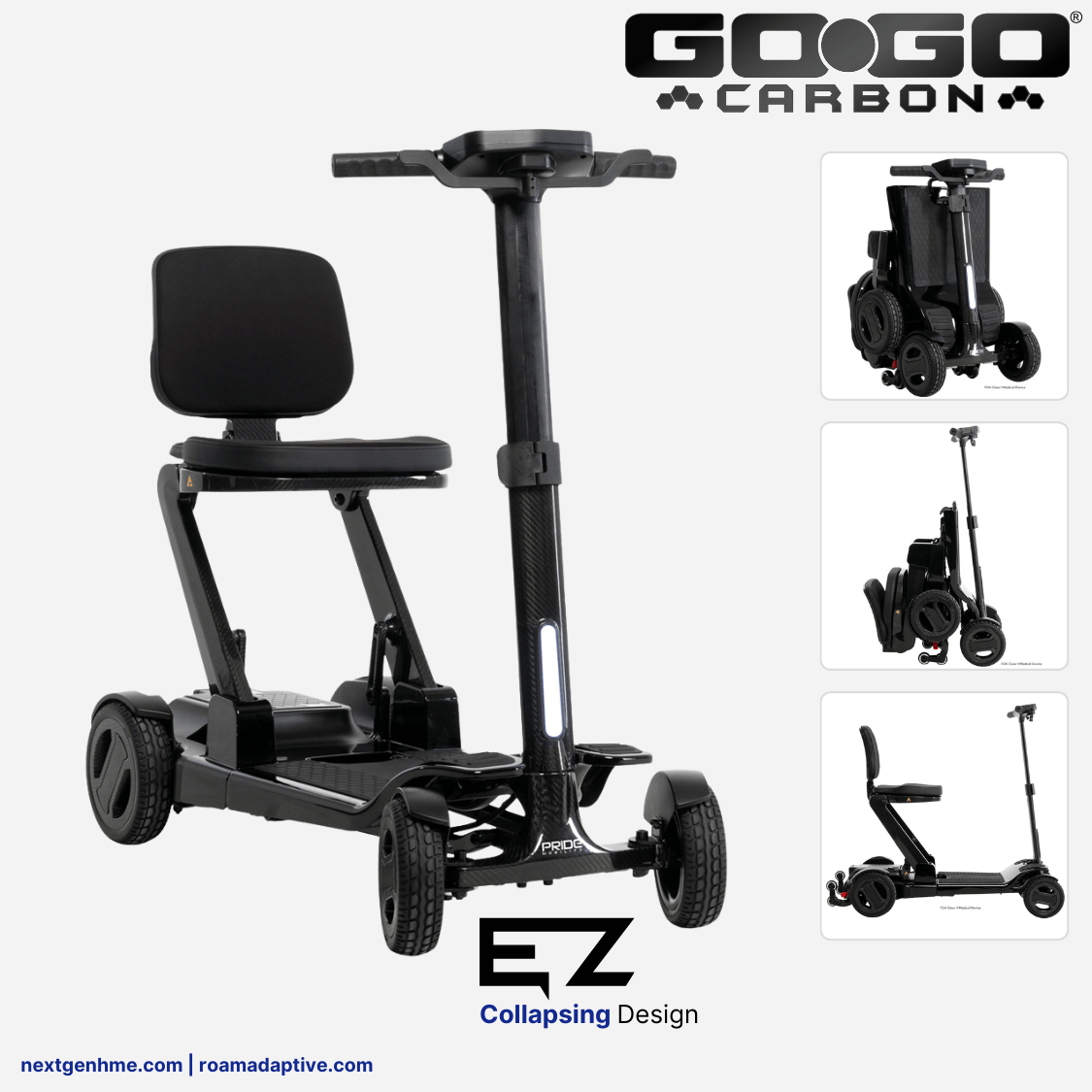 Pride Mobility Go Go Carbon Portable Power Scooter, ultra light and strong carbon frame - NextGen HME