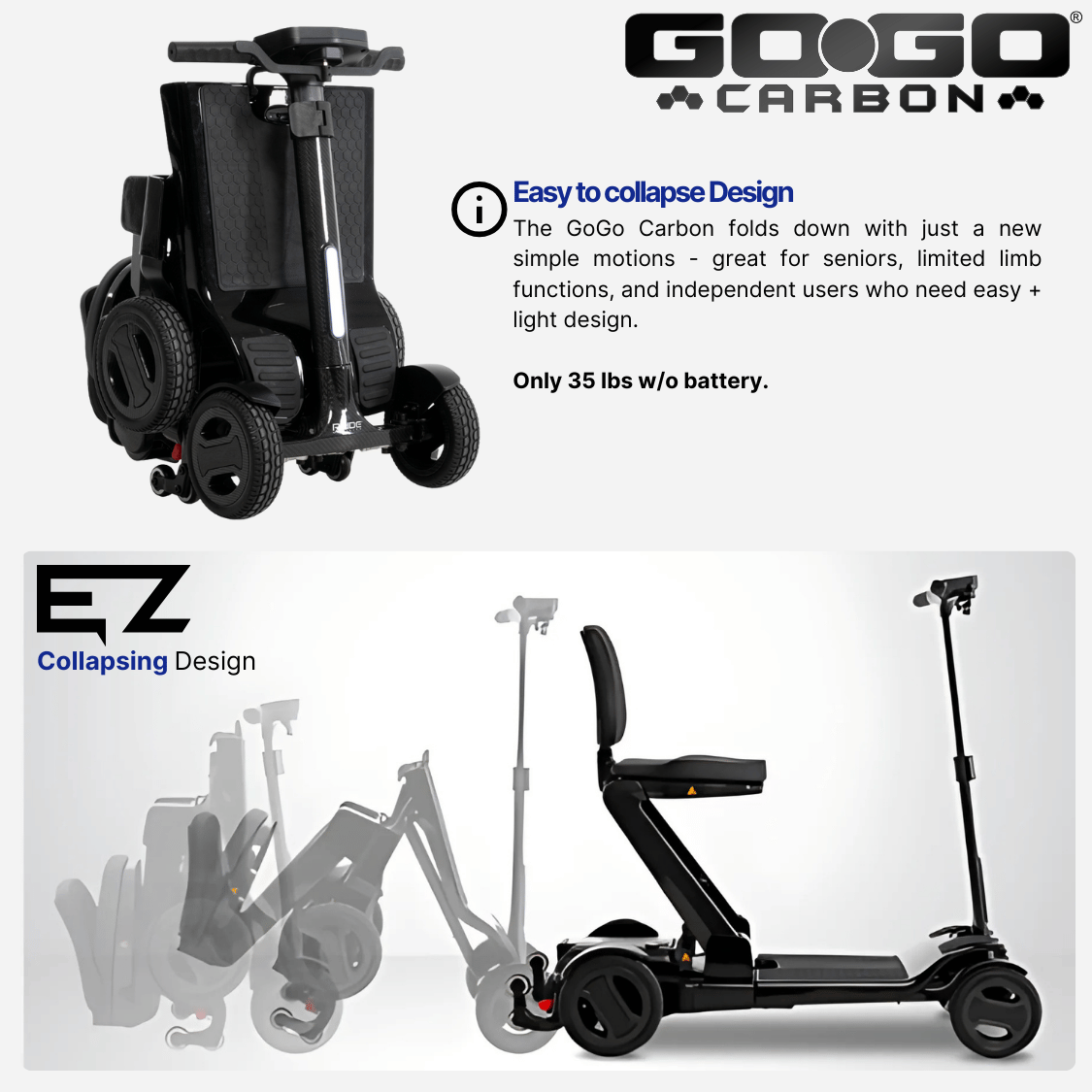 Pride Mobility Go Go Carbon Portable Power Scooter, ultra light and strong carbon frame - NextGen HME