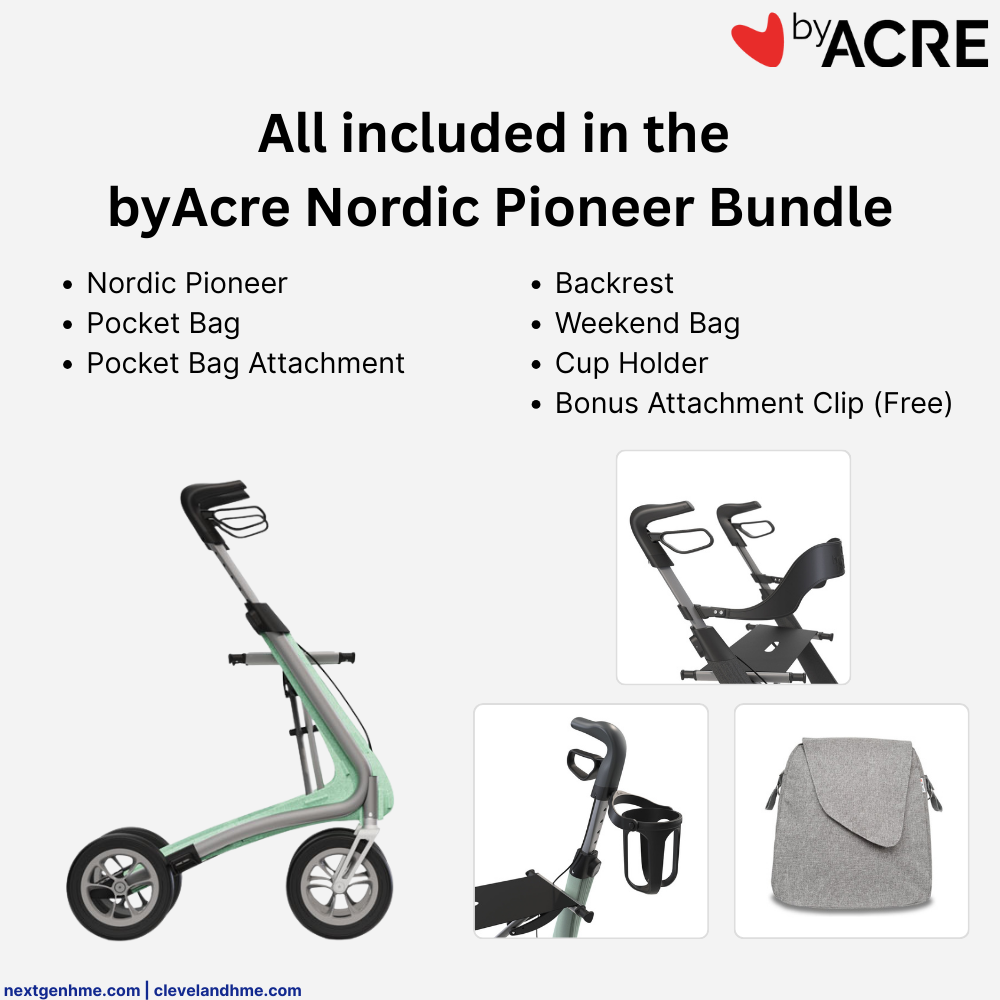 ByAcre Nordic Pioneer Rollator Bundle: Weekend Bag, Backrest, and Cup Holder - NextGen HME
