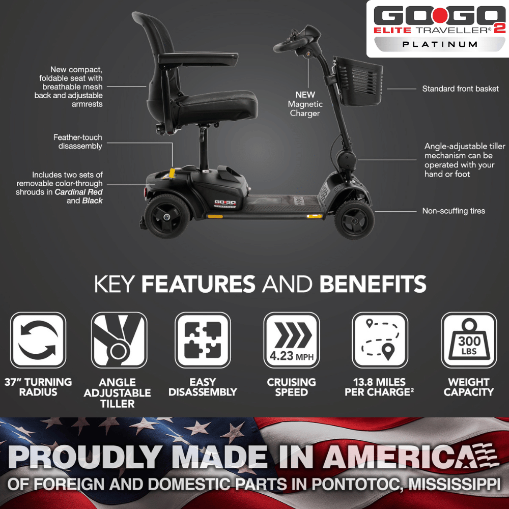 NEW Pride GoGo Elite Traveller 2 Platinum Portable Power Scooter, Ultralight & Easy to Transport - NextGen HME