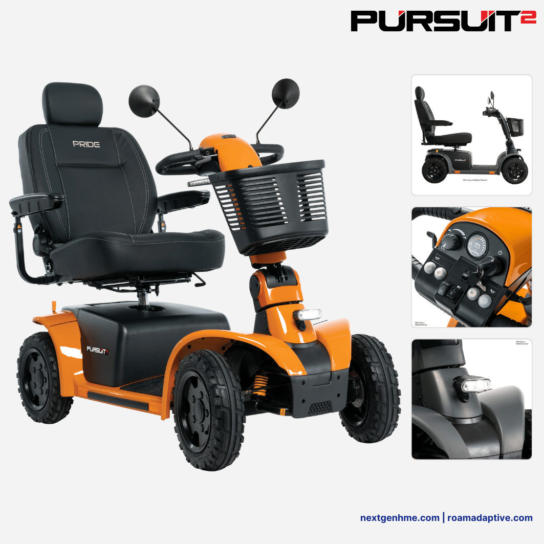 Pride Mobility Pursuit 2 Off Road Power Scooter with comfortable captain seat and basket