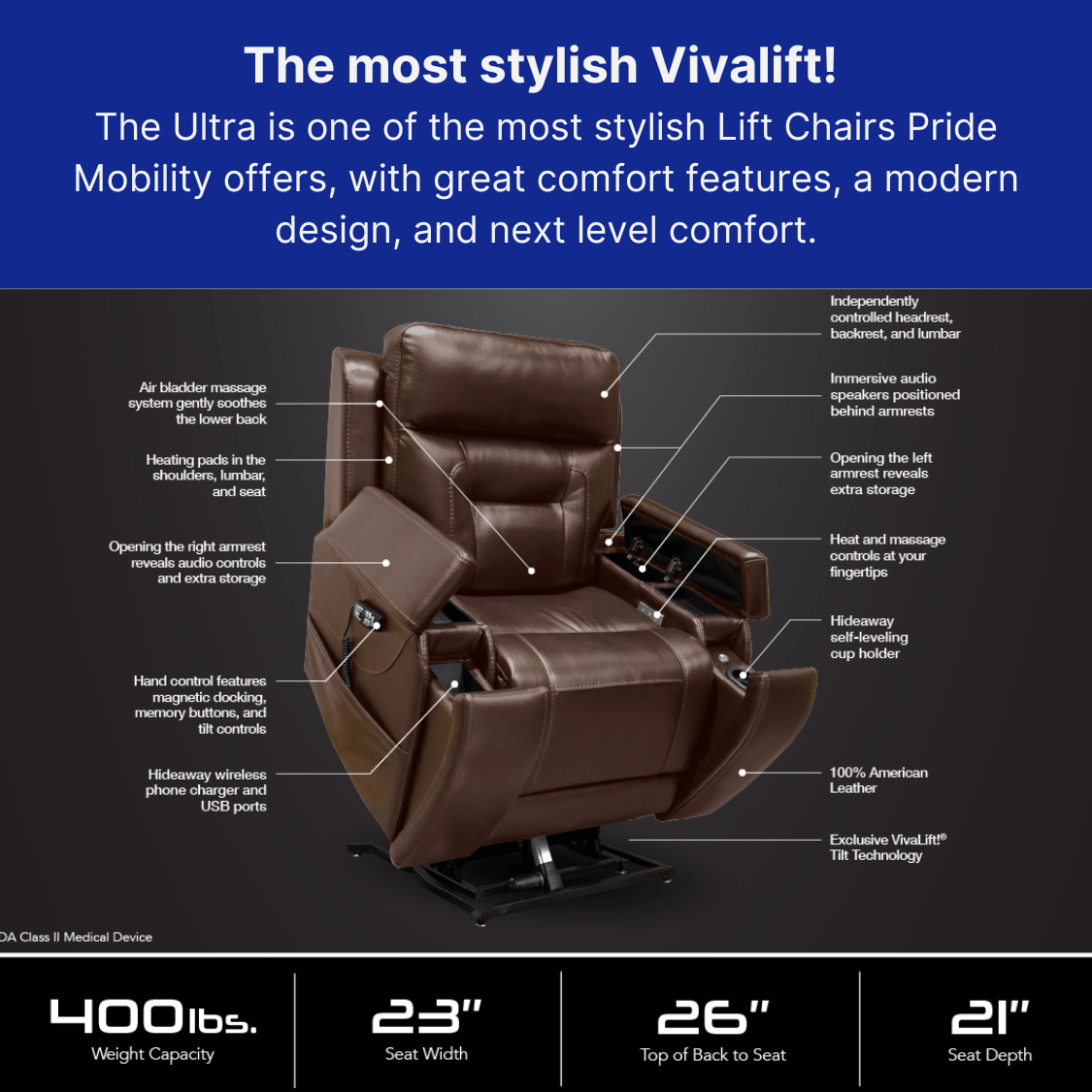 Pride Mobility Vivalift! Premier Lift Chair Recliner with integrated cinematic audio & vibrations